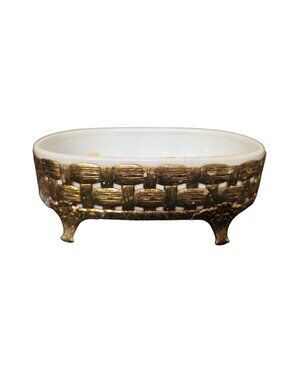 Vintage White Ceramic Oval Soap Dish Gold Woven Design Metal Ornate Footed